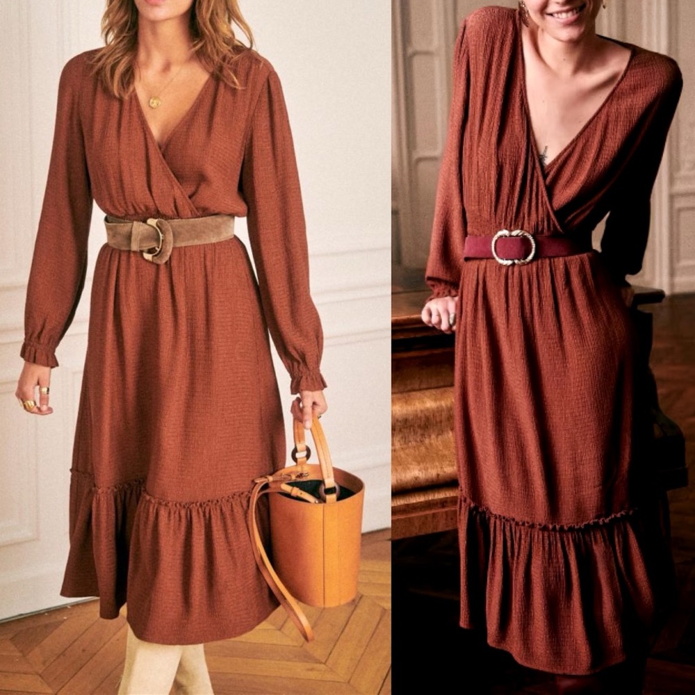 Sezane Titiane Dress Hazel Brown Size 38 French US 6 Midi Wrap Bohemian French